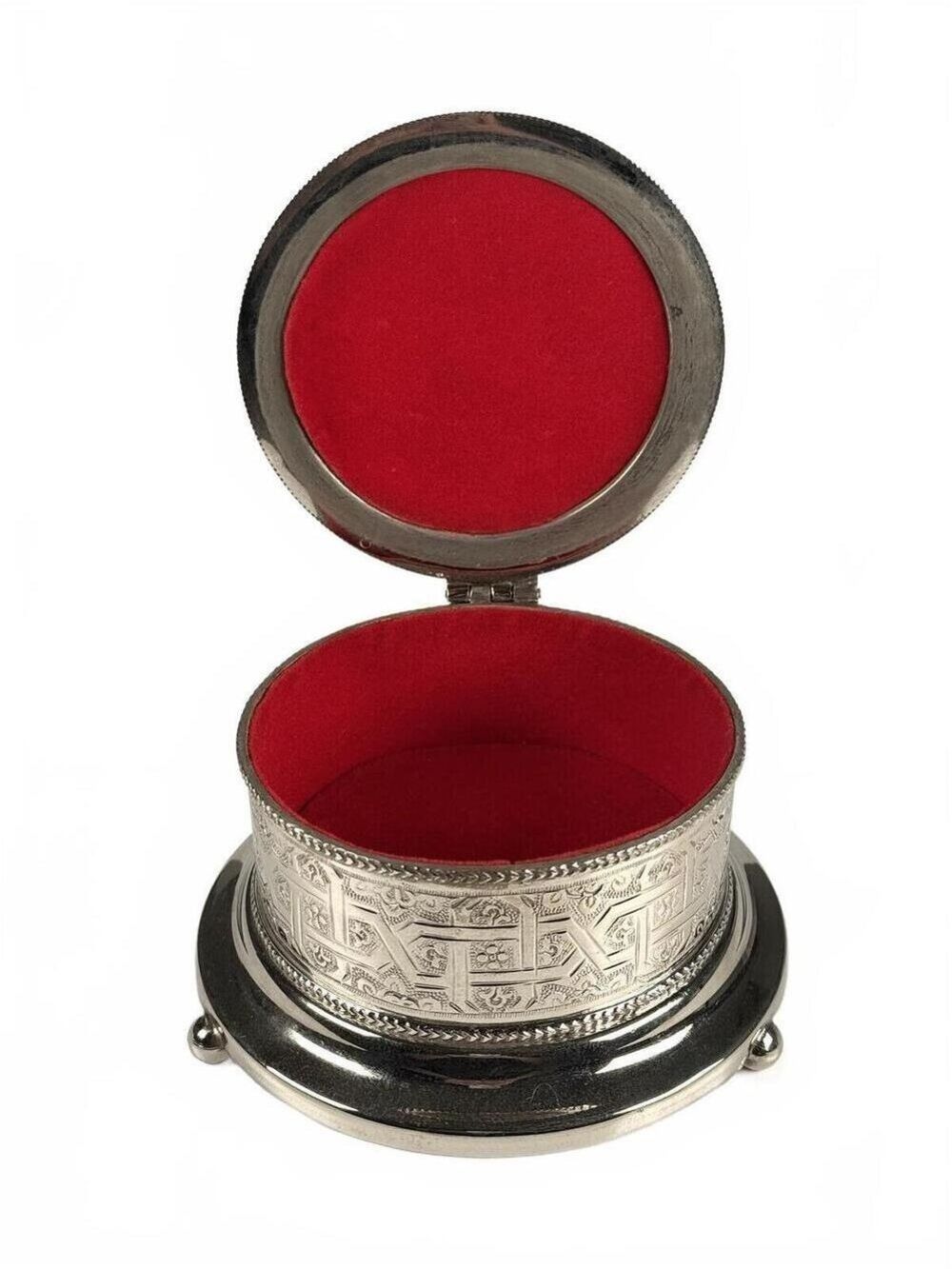 Vintage El Zaher Engraved Silver Plate Jewelry Box Red Velvet Oriental Geometric